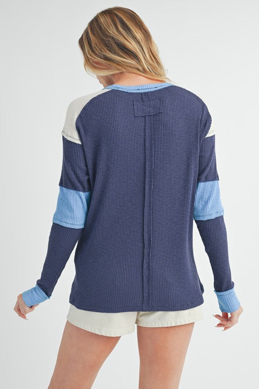 Blue Color block long sleeve shirt