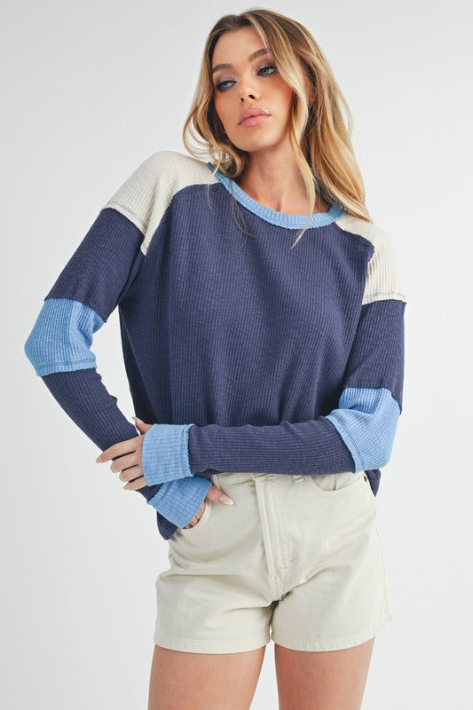 Blue Color block long sleeve shirt
