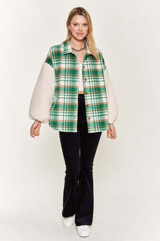 Multi plaid fuzzy sleeve jacket JJO1023