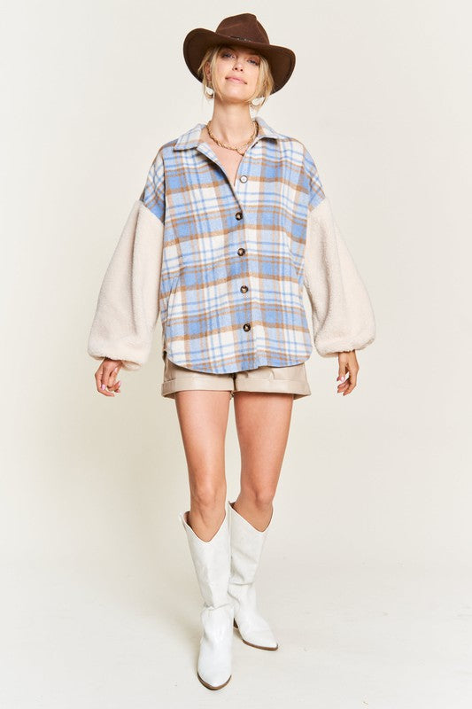 Multi plaid fuzzy sleeve jacket JJO1023